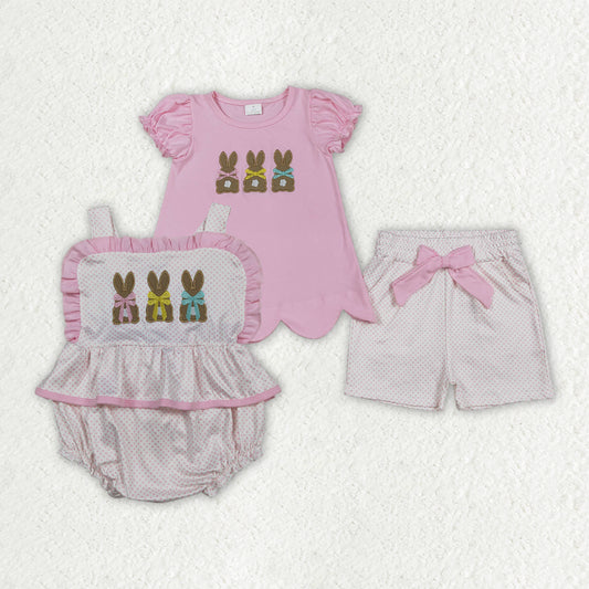 Sibling Baby Girls Embroidery Bow Rabbits Tunic Pockets Shorts Easter Clothes Set Rompers