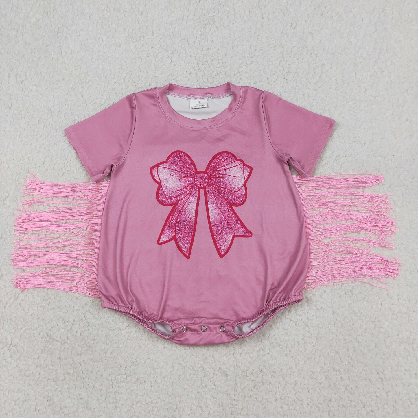 Baby Girls Pink Short Sleeves Bow Print Tassel Ruffle Rompers