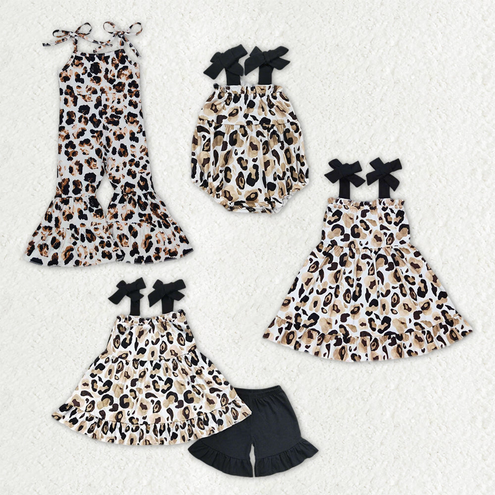 Sibling Baby Girls Straps Gold Leopard Ruffle Short Clothes Set Romper Dress