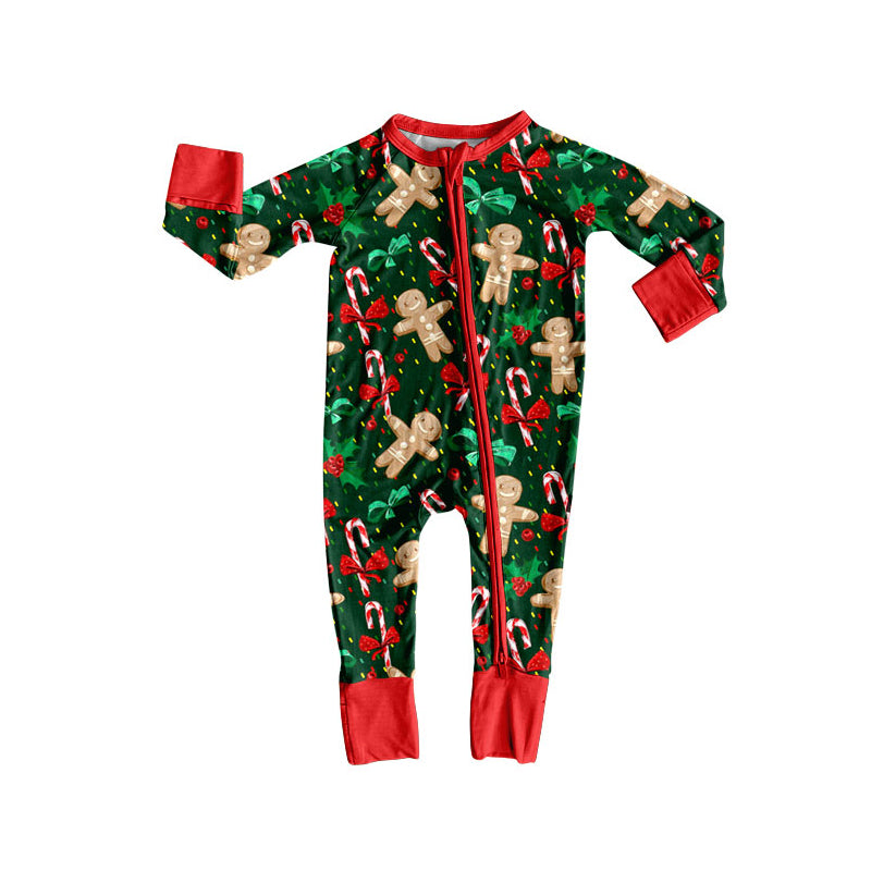 Preorder (moq 20)Baby Girls Bamboo Candy Cane Gingerbread Christmas Zippy Footie Rompers