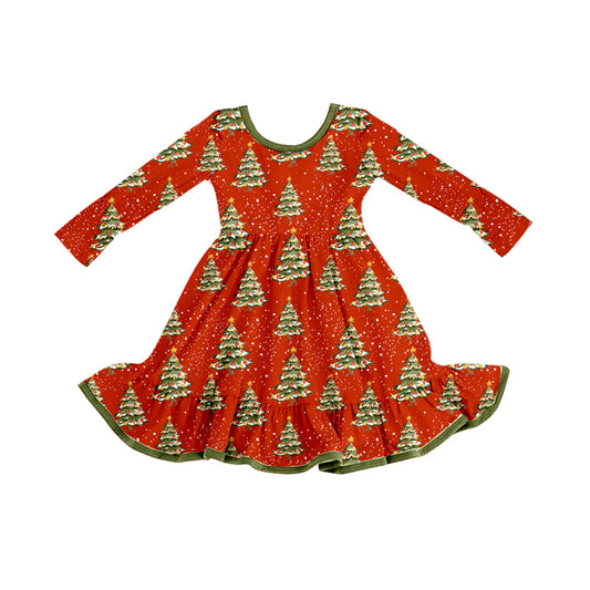 Preorder (moq 5)Baby Girls Christmas Trees Red Ruffle Knee Length Dresses