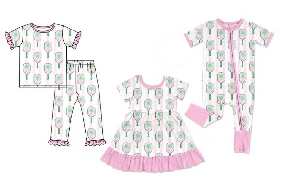 Preorder moq 5 (each item)Baby Girls Pink Stripe Tennis Ruffle Pants Team Pajamas Sets Dress Zipper Rompers