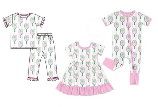 Preorder moq 5 (each item)Baby Girls Pink Stripe Tennis Ruffle Pants Team Pajamas Sets Dress Zipper Rompers