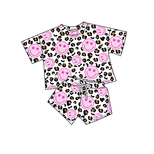 Preorder (moq 5)Baby Girls Leopard Pink Smile Shirts Shorts Sports Clothes Sets