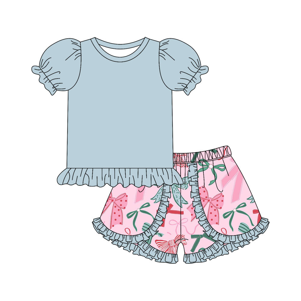 Preorder moq 5 Baby Girls Blue Short Ruffle Sleeves Tunic Colorful Bows Ruffle Short Set