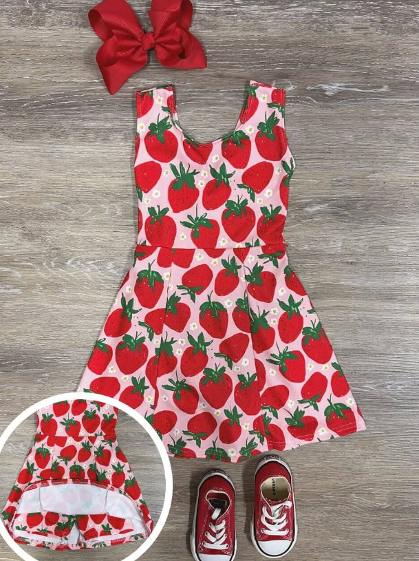 Baby Girls Red Strawberry Sleeveless Active Yoga Knee Length Dresses