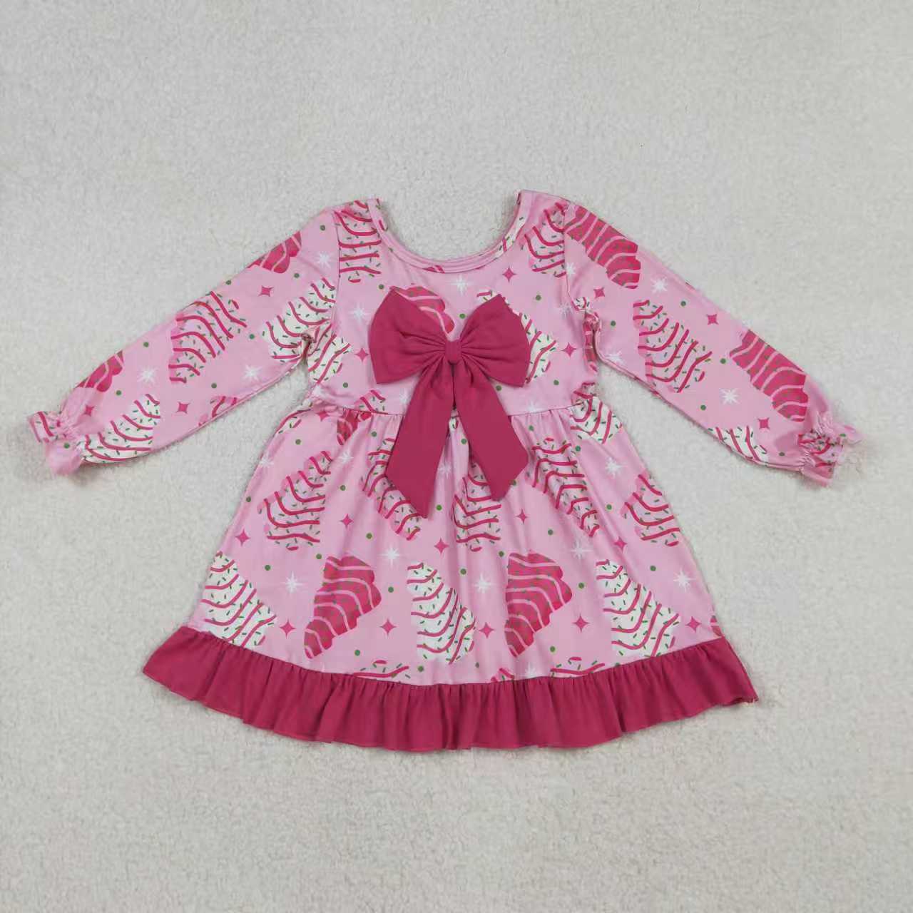 Sibling Baby Girls Pink Stripe Trees Stars Bow Christmas Knee Ruffle Length Dresses Rompers