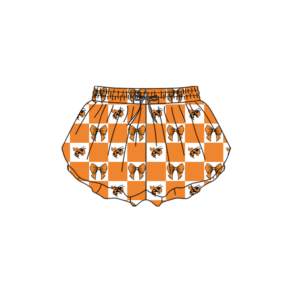 Preorder (moq 5)Baby Girls Orange Bows Hornets Checked Team Ruffle Shorts Bottom