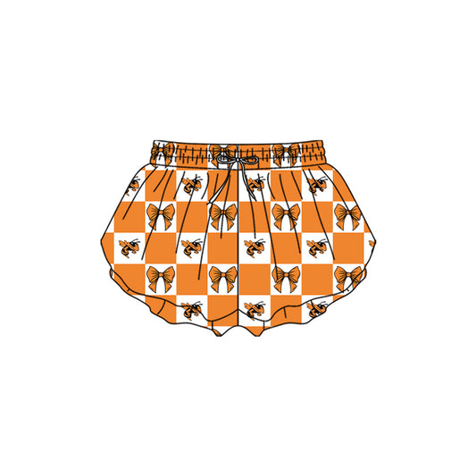 Preorder (moq 5)Baby Girls Orange Bows Hornets Checked Team Ruffle Shorts Bottom