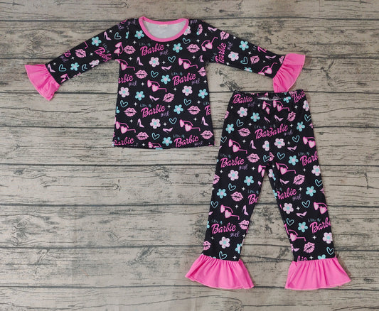 Baby Girls Doll Black Flowers Ruffle Pants Pajamas Clothes Sets