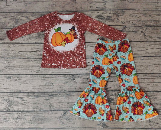 Baby Girls Thanksgiving Turkey Pie Bell Pants Pajamas Clothing Sets