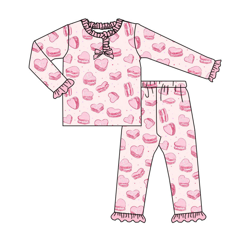 Preorder (moq 5)Baby Girls Pink Hearts Cookie Top Ruffle Pants Valentine Pajamas Sets
