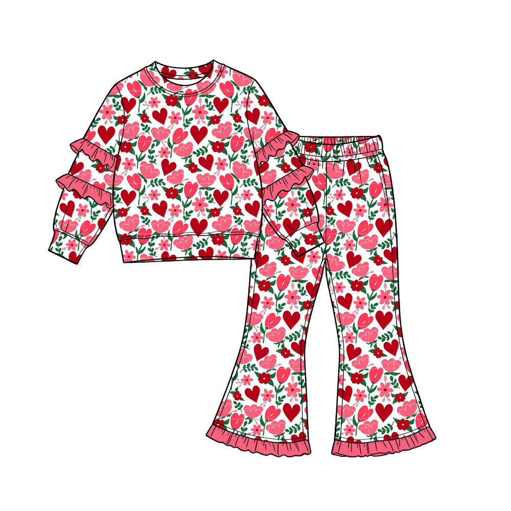 Preorder (moq 5) Baby Girl Clothes Red Heart Flower Allover Print Long Sleeve Tiered Ruffle Top Ruffle Flare Pant Set