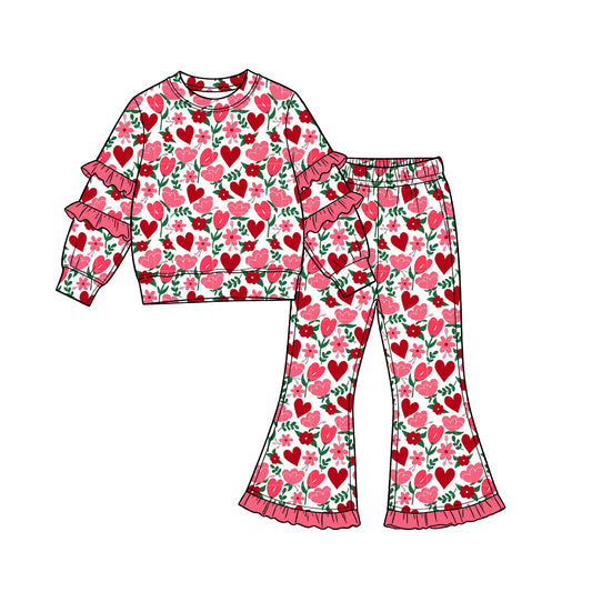 Preorder (moq 5) Baby Girl Clothes Red Heart Flower Allover Print Long Sleeve Tiered Ruffle Top Ruffle Flare Pant Set