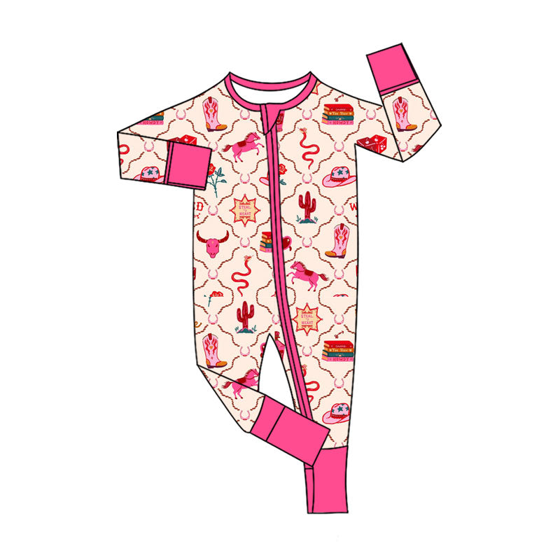 Preorder (moq 5)Baby Girls Horses Cactus Bull Skulls Western Zipper Footie Rompers