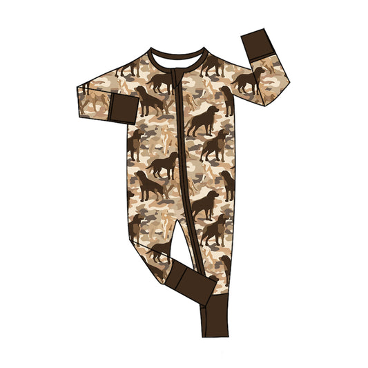 Preorder (moq 5)Baby Boys Dogs Ducks Camo Hunting Two Way Zip Convertible Rompers