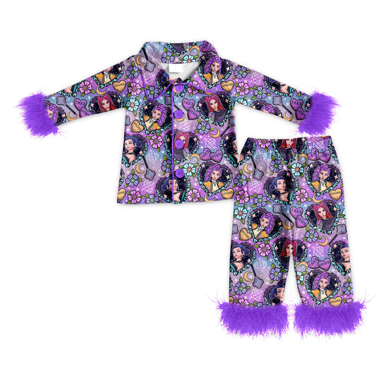 Preorder (moq 5)Baby Girls Purple Hearts Demon Hunter Button Top Pants Fur Sleeve Pajamas Sets
