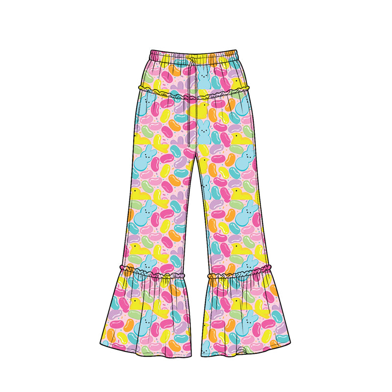 Preorder (moq 5) Baby Girl Clothes Easter Jelly Bean Marshmallow Bunny Print Ruffle Waist Ruffle Hem Flare Pants