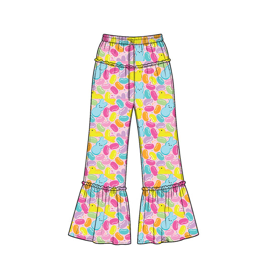 Preorder (moq 5) Baby Girl Clothes Easter Jelly Bean Marshmallow Bunny Print Ruffle Waist Ruffle Hem Flare Pants