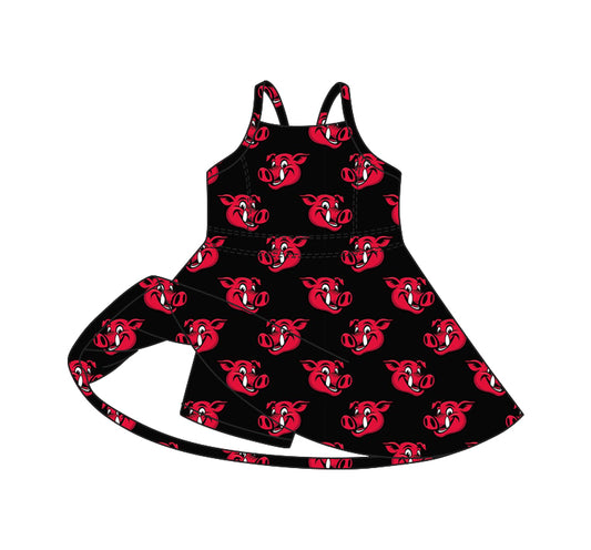 Preorder (moq 5)Baby Girls Black Strap Pigs Team Shorts Knee Length Dresses