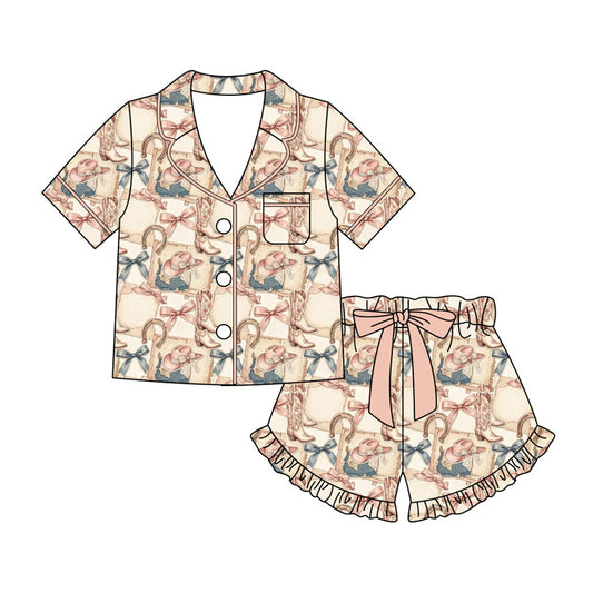 Preorder moq 5 Adult Women Bows Boots Button Pocket Top Ruffle Short Western Pajamas Sets