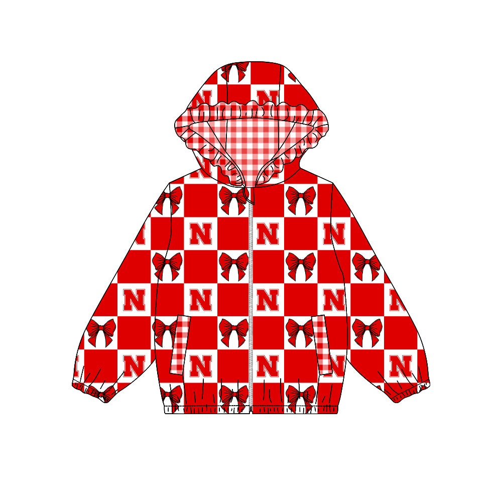 Preorder (moq 5) Baby Girls Bows Nebraska Checked Team Ruffle Hoodie Tops