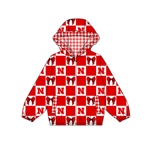 Preorder (moq 5) Baby Girls Bows Nebraska Checked Team Ruffle Hoodie Tops