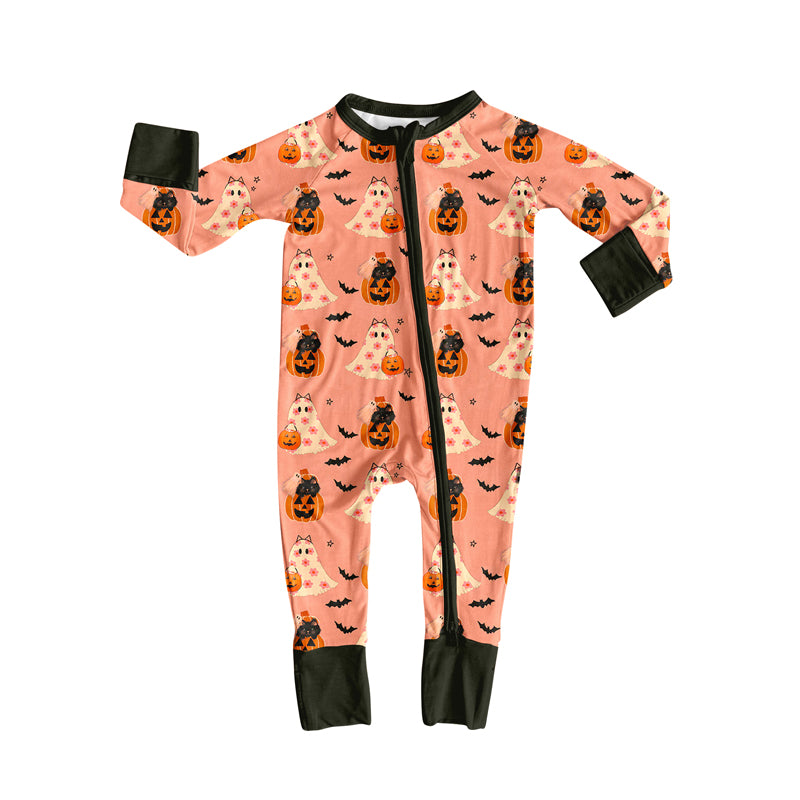 Preorder moq 5 Baby Infant Girls Long Sleeves Ghost Pumpkins Bats Plaid Zipper Rompers