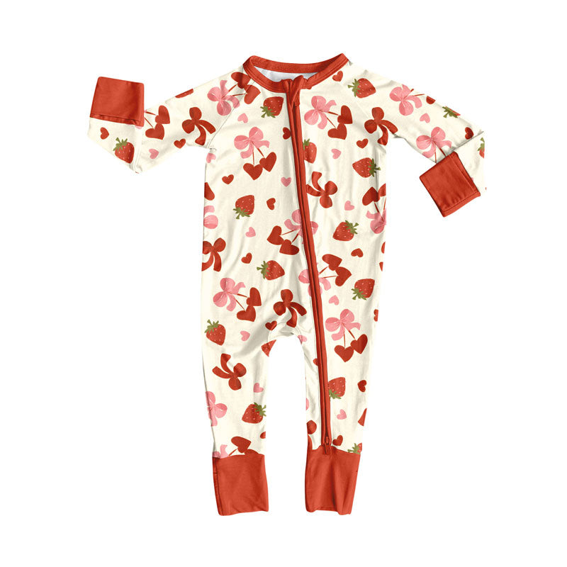 Preorder(moq 8)Baby Girls Hearts Strawberry Valentine Zipper Footie Rompers
