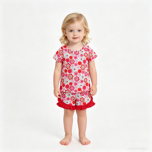 Baby Girls Colorful Small Flowers Top Ruffle Shorts Clothes Sets