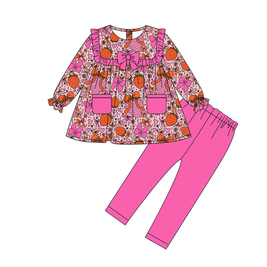 Preorder(moq 8)Baby Girls Hearts Strawberry Pocket Tunic Leggings Valentine Clothes Sets