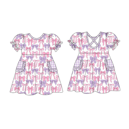 Preorder(moq 5) Baby Girls Short Ruffle Sleeve Pink Purple Bows Pockets Knee Length Dresses
