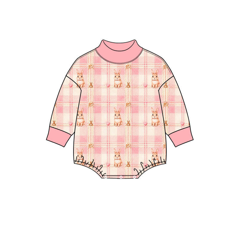 Preorder (moq 5) Baby Girl Clothes Cute Rabbit Pink Plaid Heart Print Long Sleeve Mock Neck Baby Bodysuit