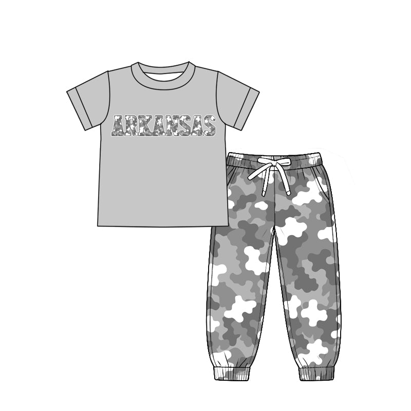 Preorder (moq 5) Kids’ Alabama ARKANSAS Letter Camo 2-Piece Set, Short-Sleeve T-Shirt & Camo Jogger Pants Outfit for Boys