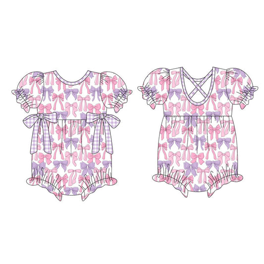 Preorder (moq 5)Baby Girls Short Ruffle Sleeve Pink Purple Bows Plaid Rompers