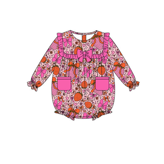 Preorder(moq 8)Baby Girls Hearts Strawberry Valentine Pockets Ruffle Rompers
