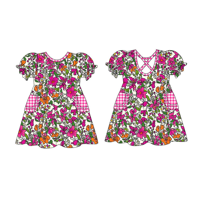 Preorder(moq 5) Baby Girls Short Ruffle Sleeve Hot Pink Floral Pockets Knee Length Dresses