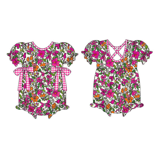 Preorder (moq 5)Baby Girls Short Ruffle Sleeve Hot Pink Floral Bows Rompers