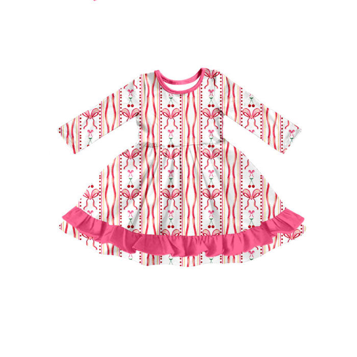 Preorder(moq 5) Baby Girls Pink Bows Cherry Stripe Valentine Ruffle Knee Length Dresses