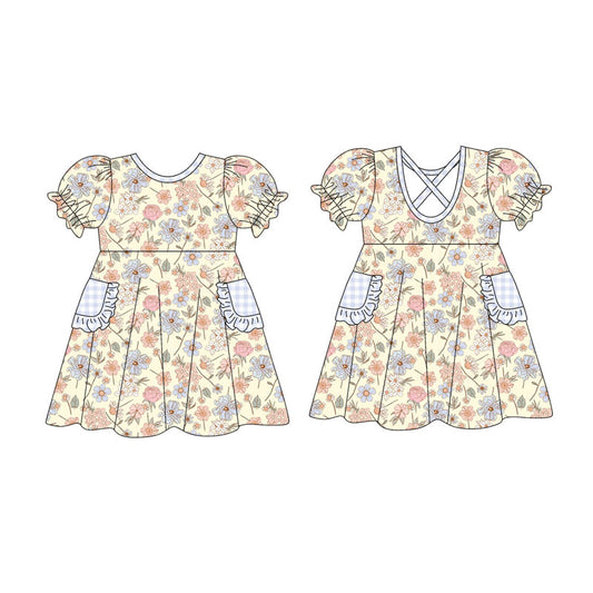 Preorder(moq 5) Baby Girls Short Ruffle Sleeve Pink Blue Floral Pockets Knee Length Dresses
