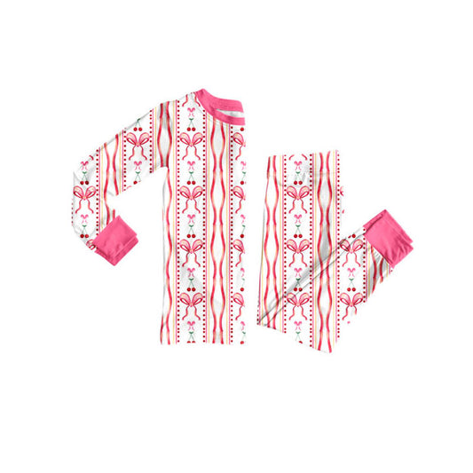 Preorder(moq 5) Baby Girls Pink Bows Cherry Stripe Top Pants Valentine Pajamas Sets