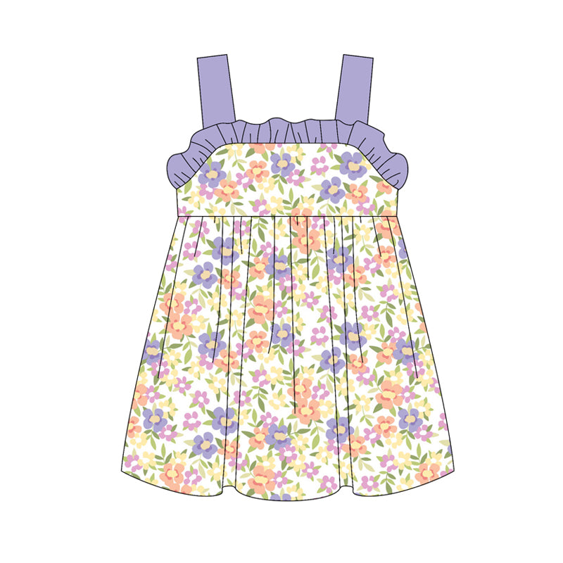 Preorder (moq 5)Baby Girls Lavender Strap Watercolor Floral Knee Length Dress