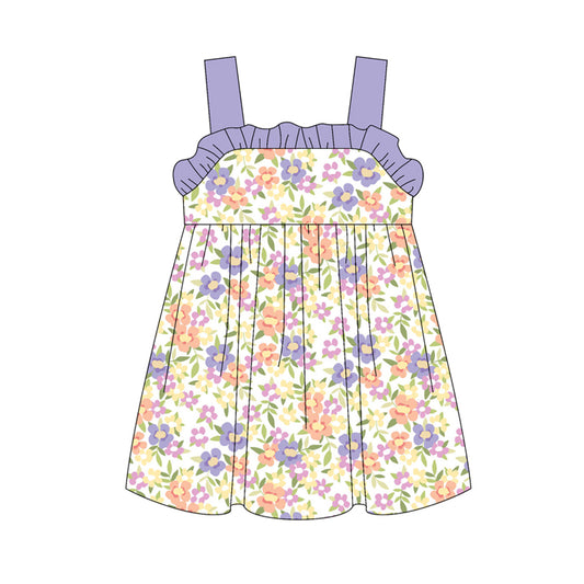 Preorder (moq 5)Baby Girls Lavender Strap Watercolor Floral Knee Length Dress