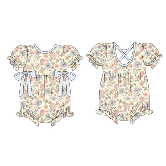 Preorder (moq 5)Baby Girls Short Ruffle Sleeve Pink Blue Flowers Bows Rompers