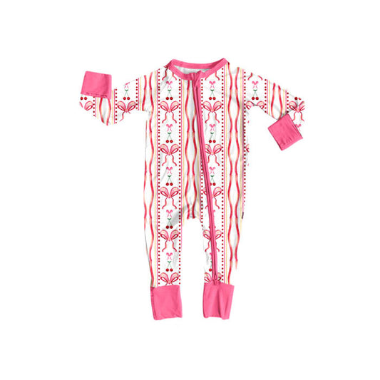 Preorder (moq 5)Baby Girls Pink Bows Cherry Stripe Valentine Zipper Footie Rompers
