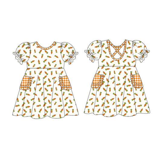 Preorder(moq 5) Baby Girls Short Ruffle Sleeve Carrots Plaid Pockets Easter Knee Length Dress