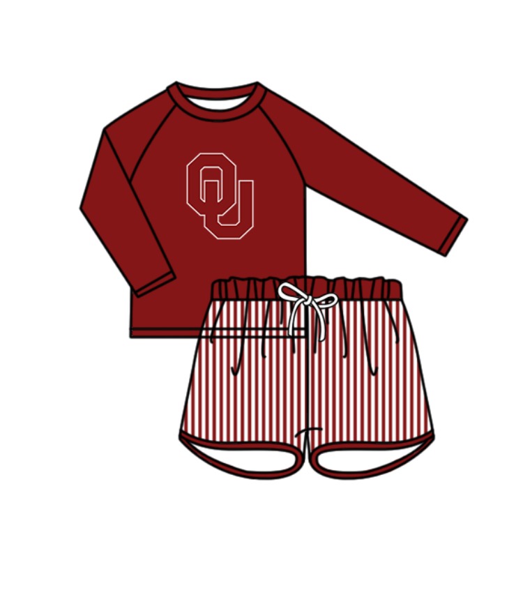 Preorder moq 5 Baby Boys Red OU Long Sleeve Top Stripe Shorts Team Swimsuits
