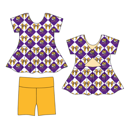 Preorder (moq 5)Baby Girls Team Bows Checked Tunic Shorts Clothes Sets
