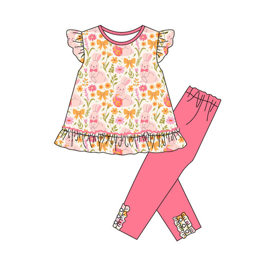 Preorder(moq 8)Baby Girls Rabbits Flowers Bows Tunic Leggings Easter Clothes Sets