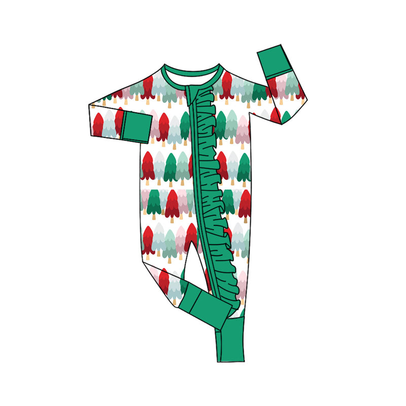 Preorder(moq 5)Baby Girls Colorful Christmas Trees Ruffle Zipper Footie Rompers